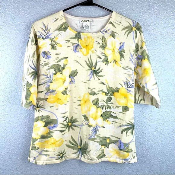 Orvis Womens Silk Blend Floral Print Round Neck Half Sleeve Top Yellow Medium - Picture 1 of 5